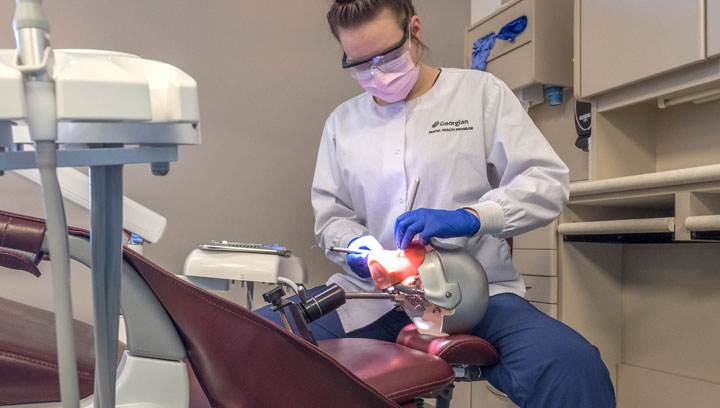 Dental Hygiene student wearing scrubs, safety glasses, a mask and latex gloves practising oral health care on a patient simulator